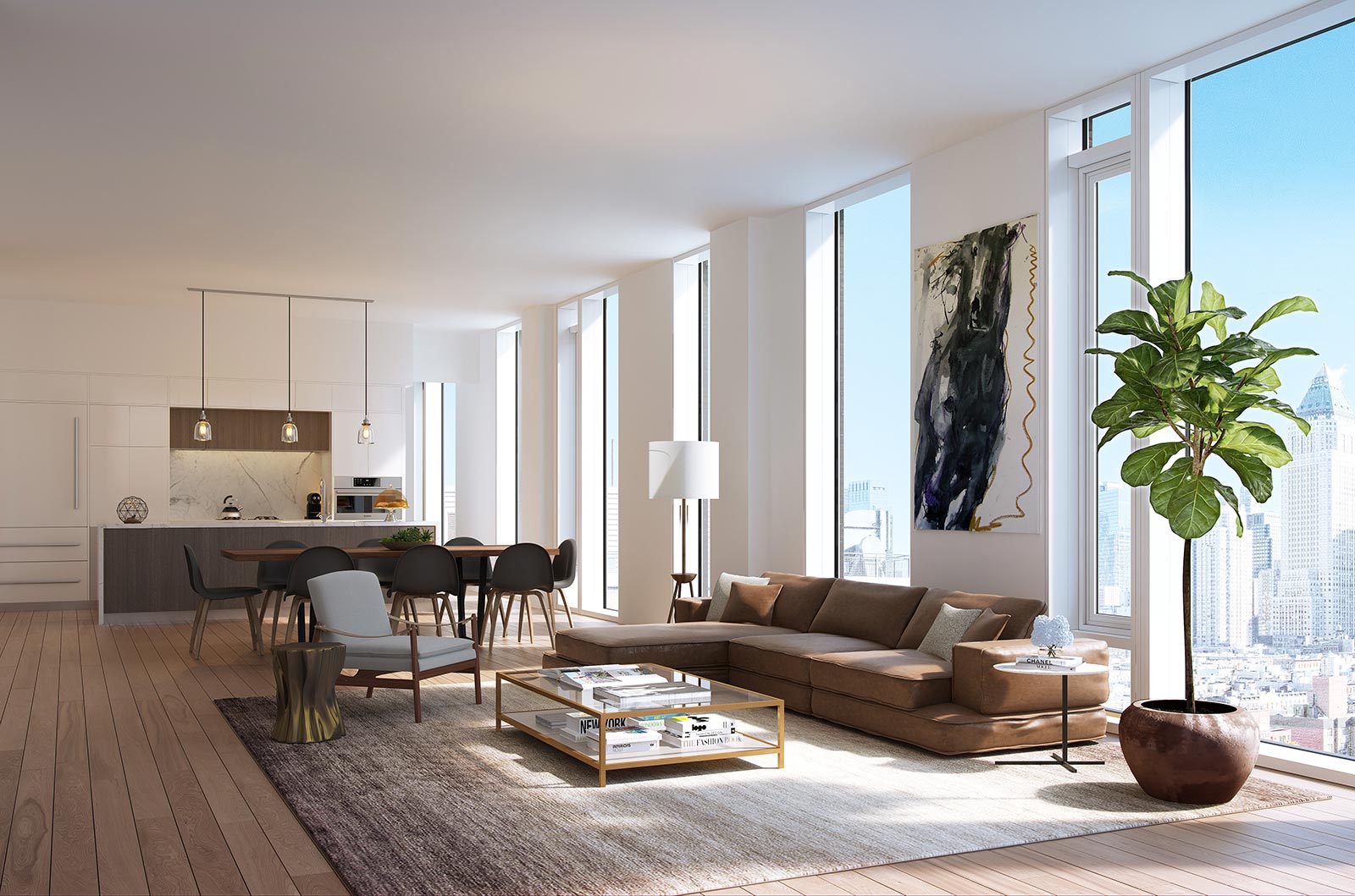 505 W 43 open-plan living room with floor-to-ceiling windows